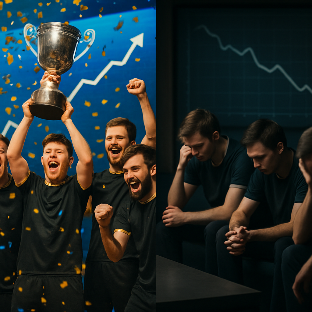 A split scene showing the stark contrast between a victorious esports team and a